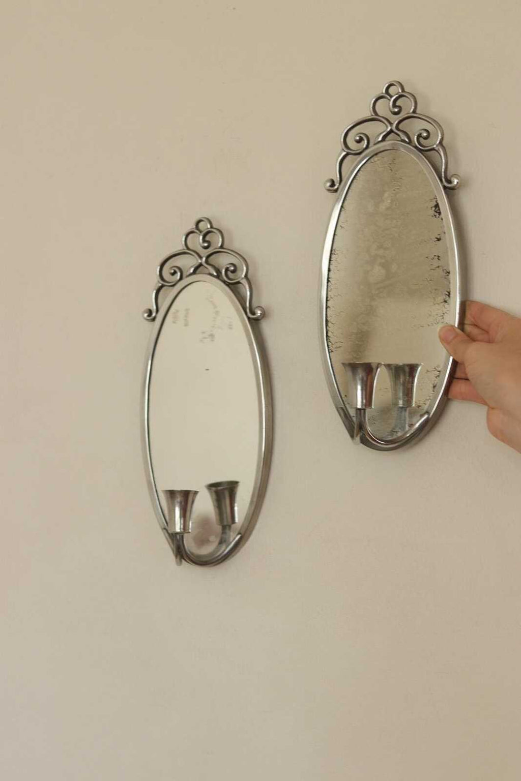 Pair of Mid Century Swedish Pewter Sconces with Mirror By Svenskt - Tenn