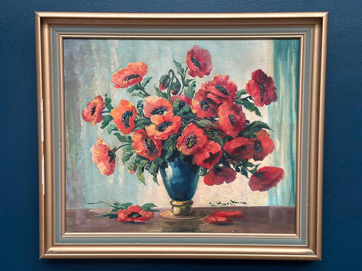 “Red Poppies in Blue Vase” by C. Horst