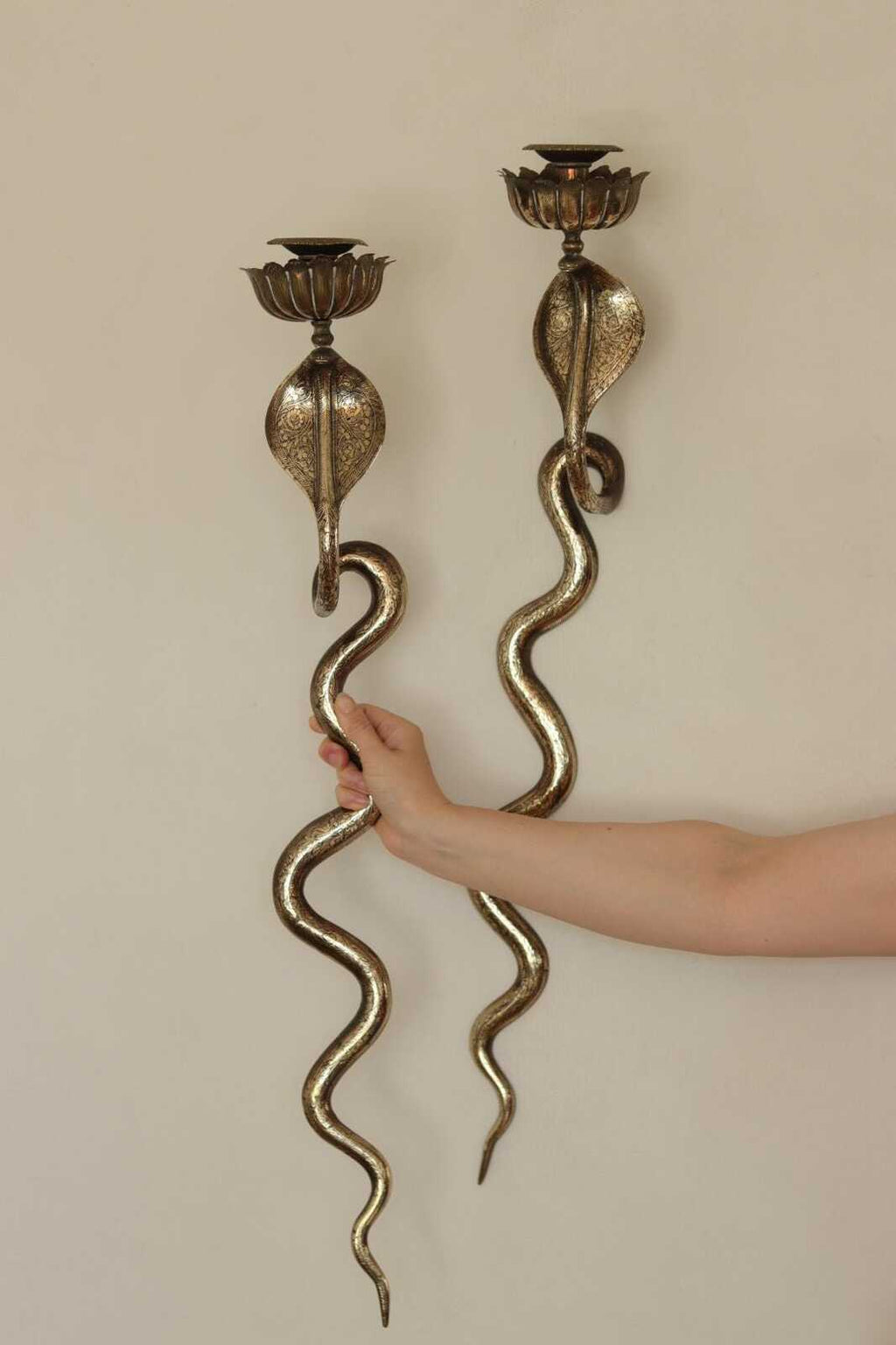 Pair of Egyptian Revival Style Engraved Brass Cobra Sconces