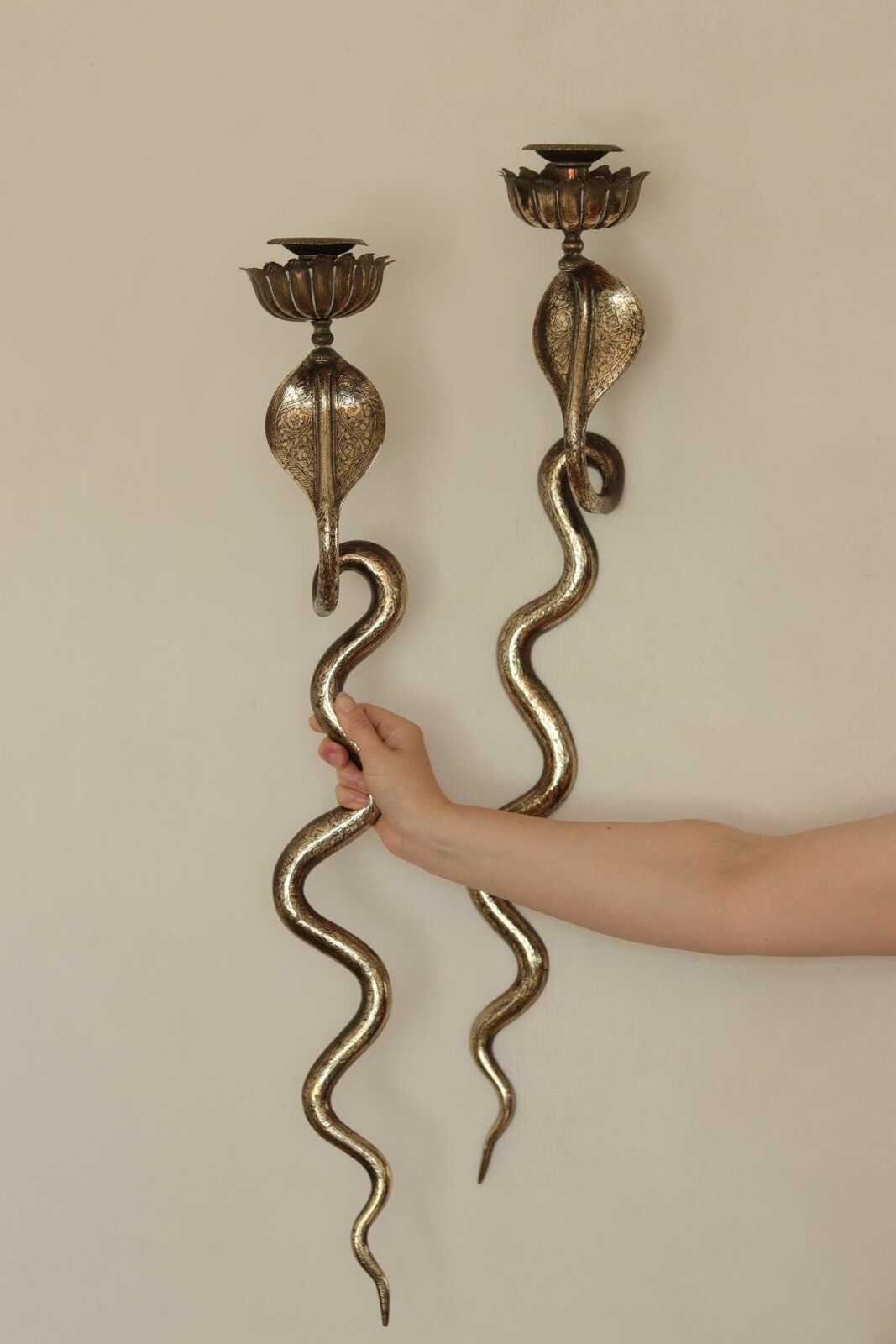 Pair of Egyptian Revival Style Engraved Brass Cobra Sconces