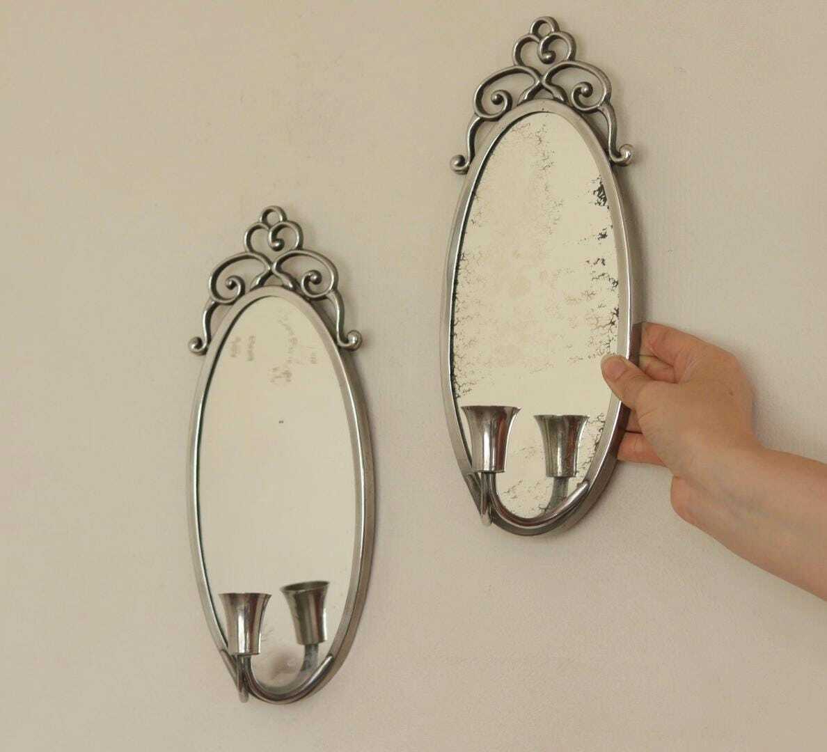 Pair of Mid Century Swedish Pewter Sconces with Mirror By Svenskt - Tenn