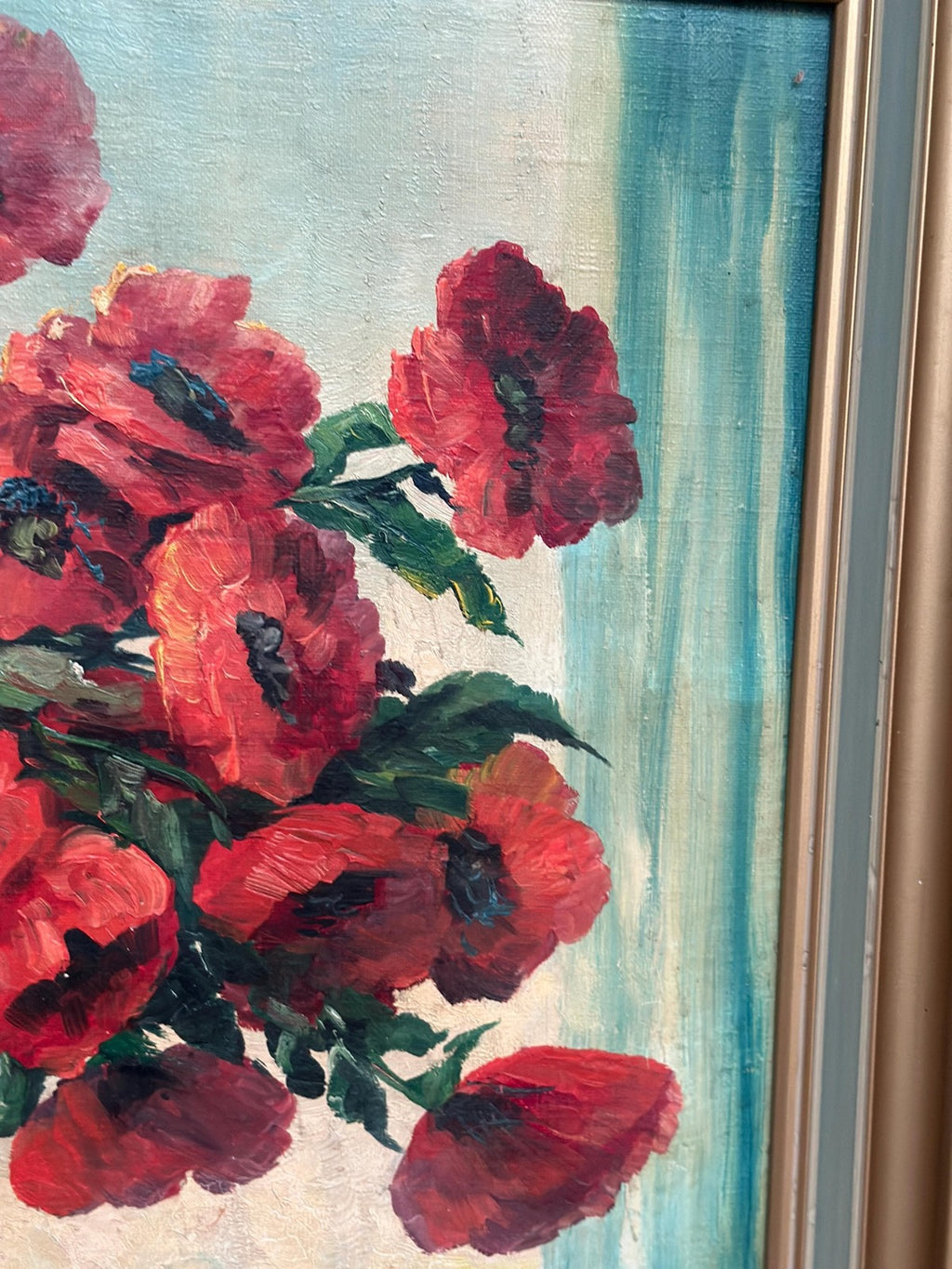 “Red Poppies in Blue Vase” by C. Horst