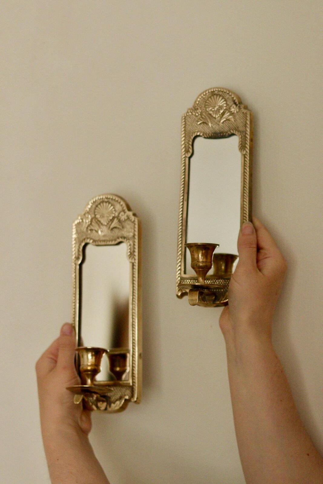 Pair of Mid-Century Swedish Brass Sconces with Mirror