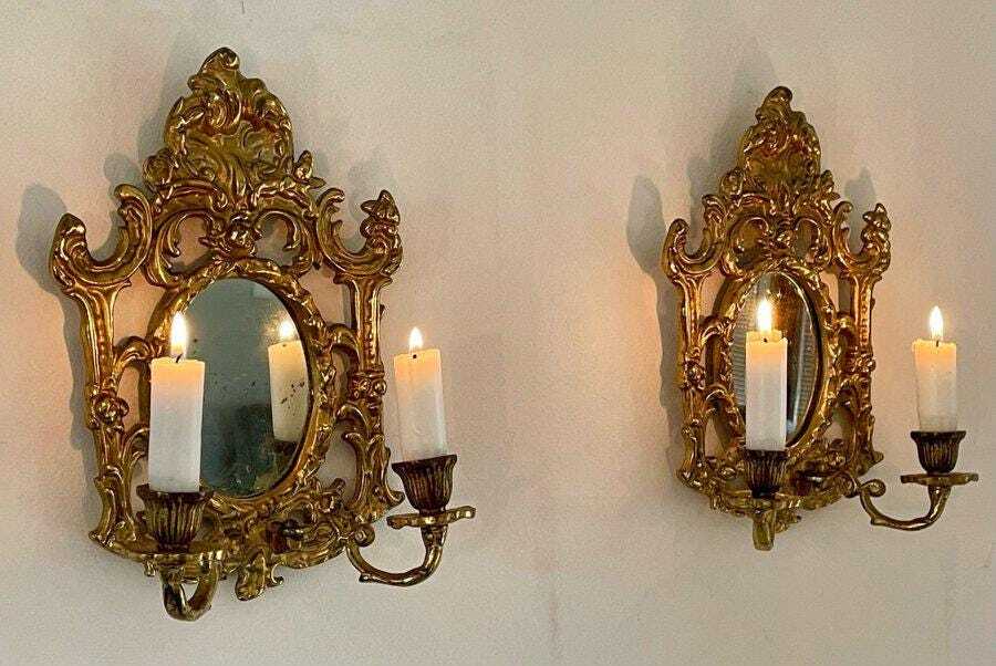 Pair of Antique  Brass Sconces with Mirror