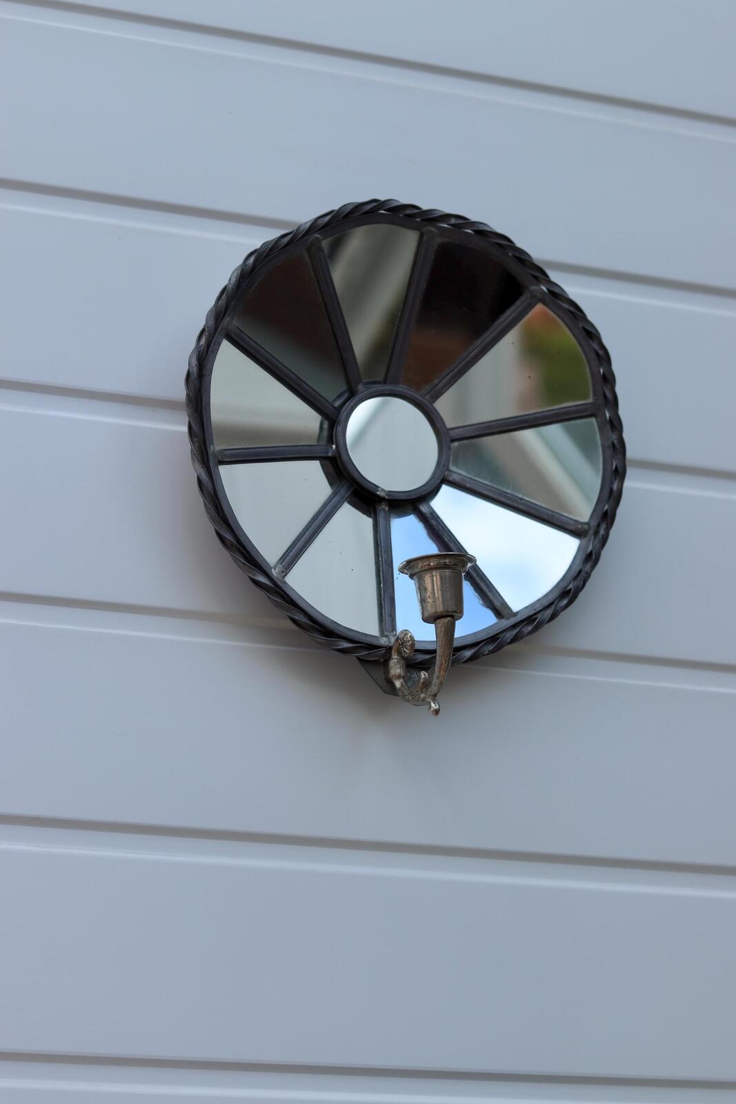Pair of Vintage Sun Mirror Sconces in Pewter by Klöva Hallar