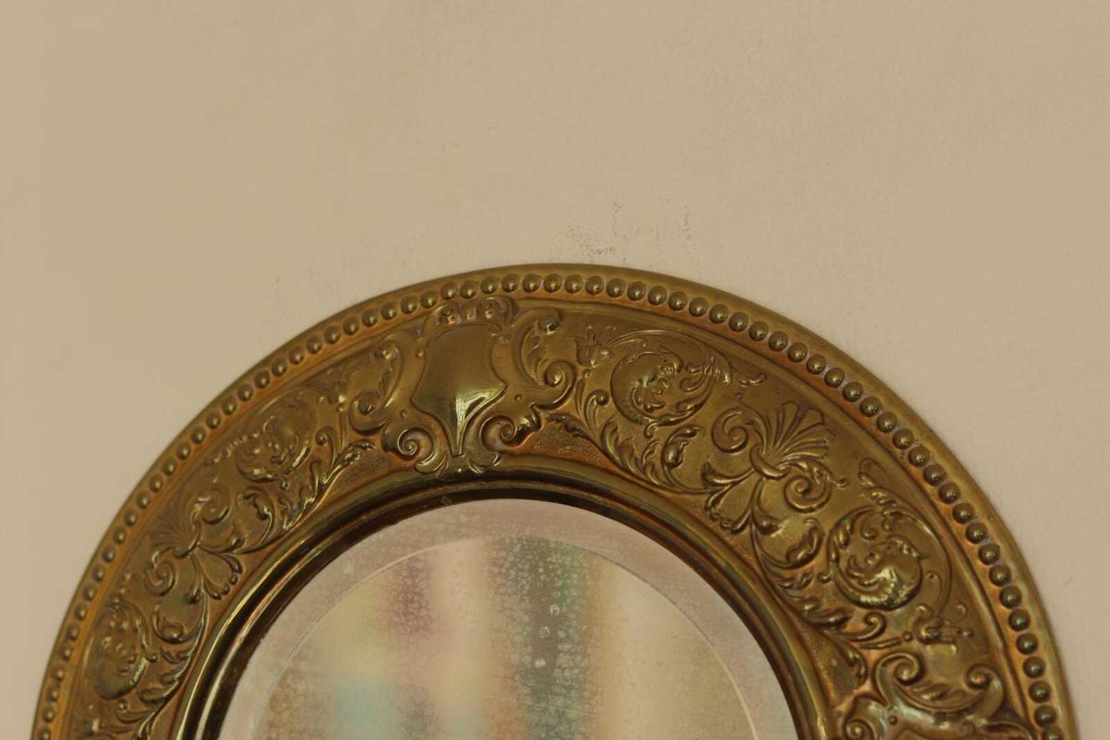 Pair of Swedish Double Arm Mid Century Style Brass Sconces with Mirror