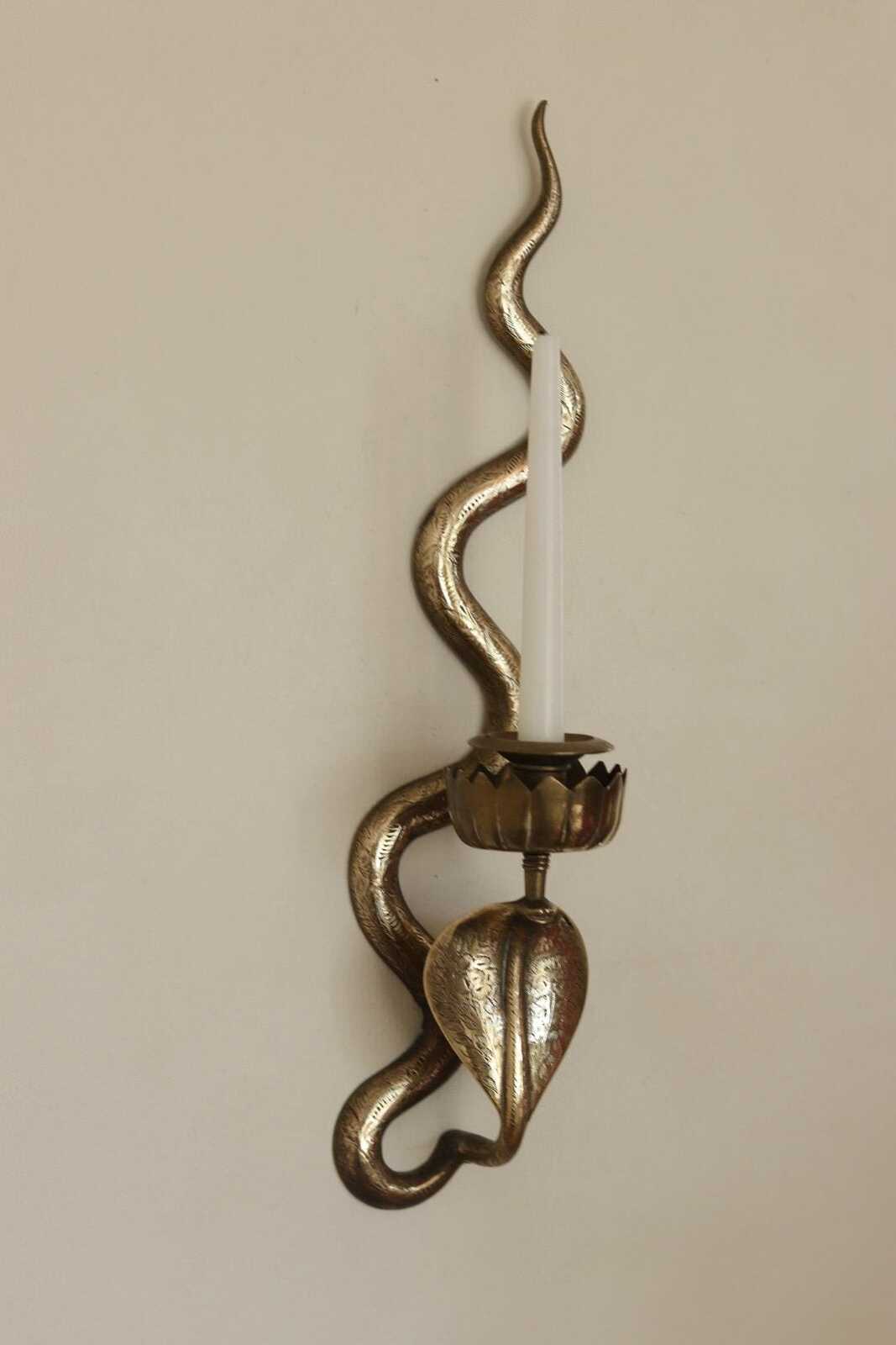 Pair of Egyptian Revival Style Engraved Brass Cobra Sconces