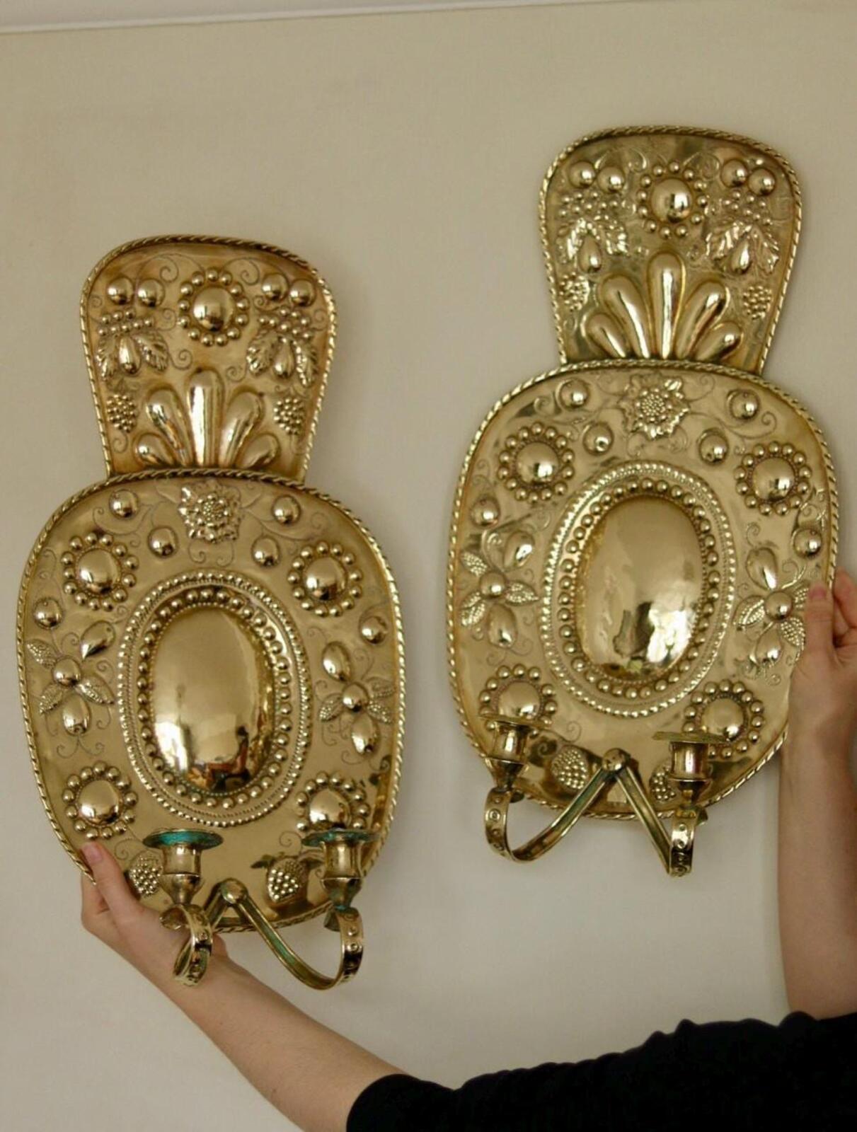 Pair Large baroque Style Mid Century Swedish Brass Sconces