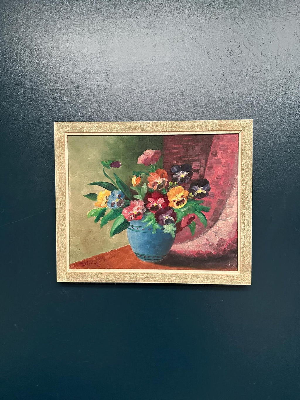 “Pansies in Blue Vase” by G. Stränz