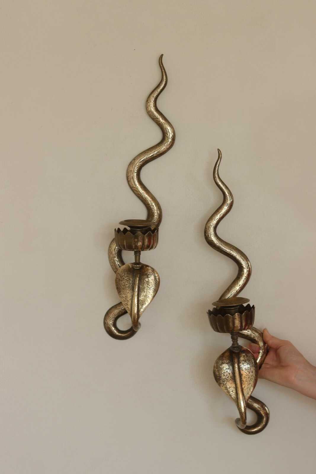 Pair of Egyptian Revival Style Engraved Brass Cobra Sconces