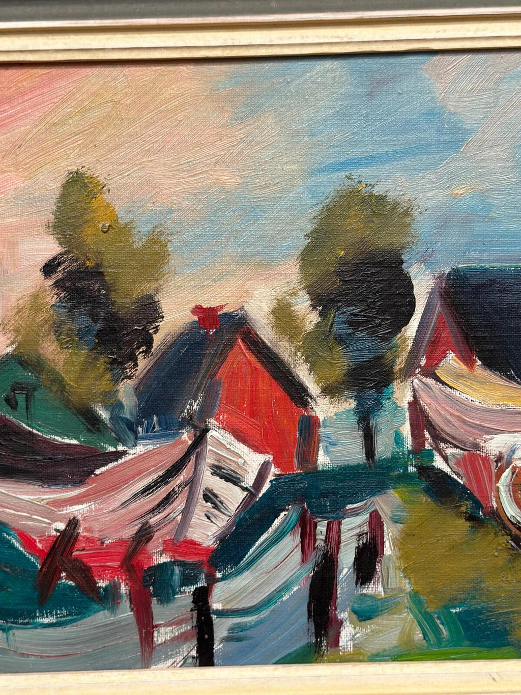 “Boats in Fishing Village” by Louis Zelig (1922–1993)