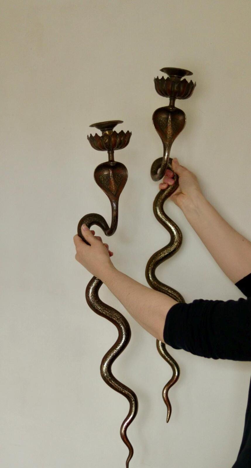 Pair of Egyptian Revival Style Engraved Brass Cobra Sconces