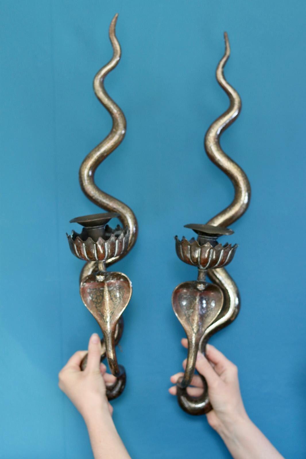 Pair of Egyptian Revival Style Engraved Brass Cobra Sconces