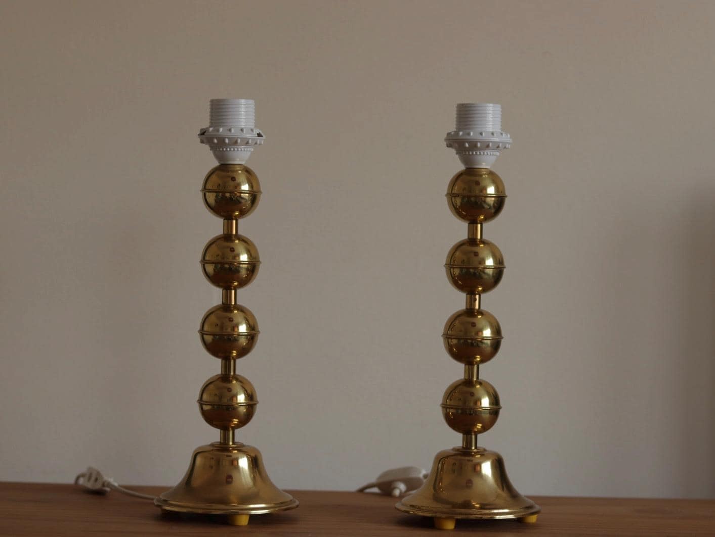 Pair of Vintage Swedish Brass Bobbin Table Lamp By Aneta