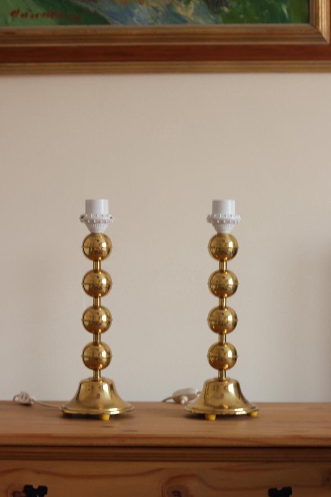 Pair of Vintage Swedish Brass Bobbin Table Lamp By Aneta