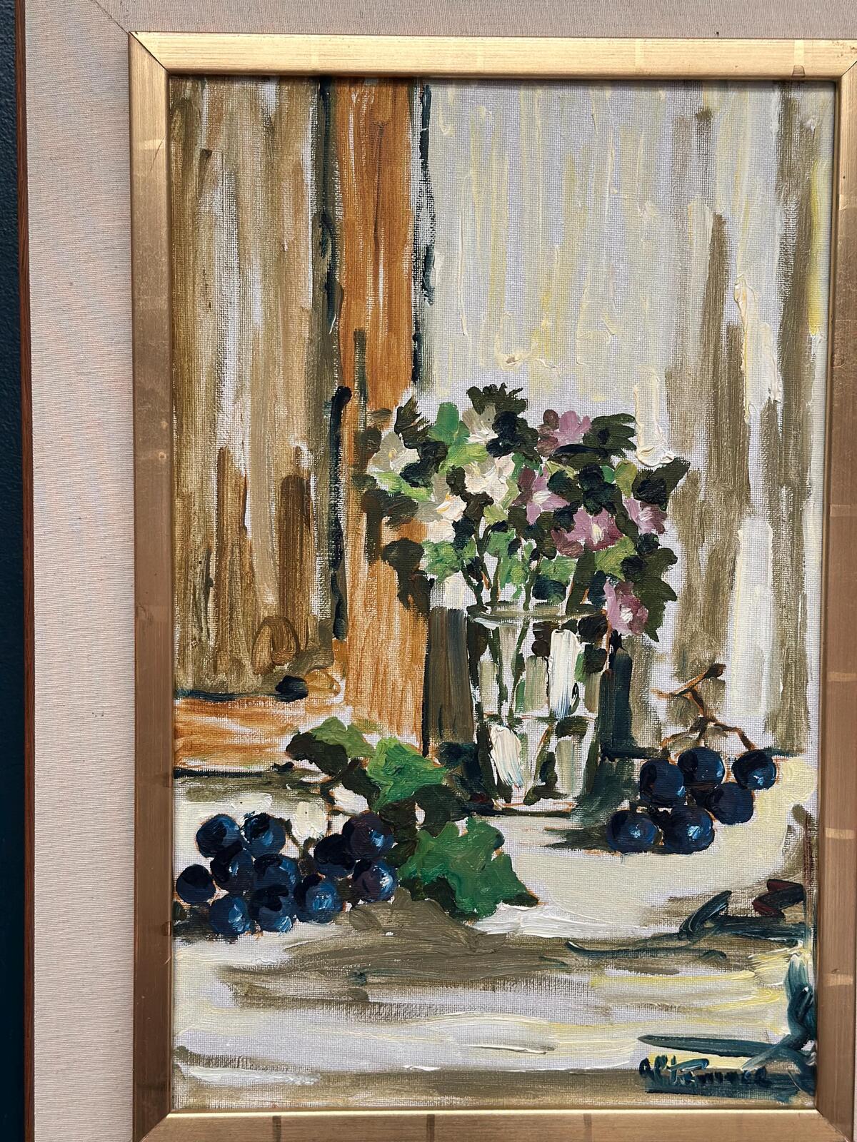 Original Swedish Oil on Canvas – “Still Life with Flowers and Grapes” by Aldo Altomare – Vintage & Framed – 64 × 46 cm (25.2" × 18.1")