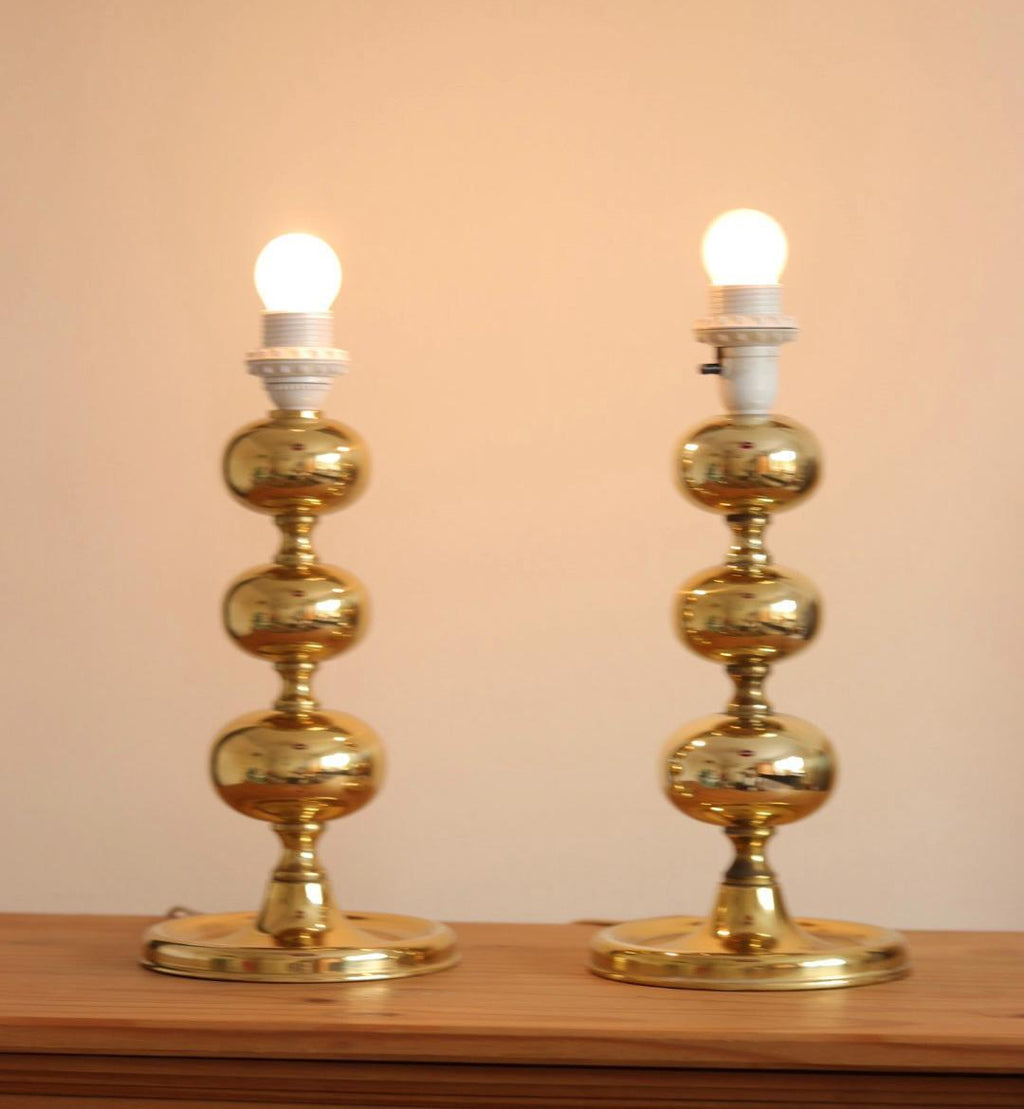 Pair of Swedish Brass Bobbin Table lamp by NAFA Nybro Armaturfabrik AB