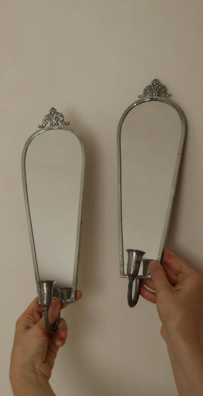 Pair of Mid Century Swedish Pewter Sconces with Mirror By Svenskt - Tenn