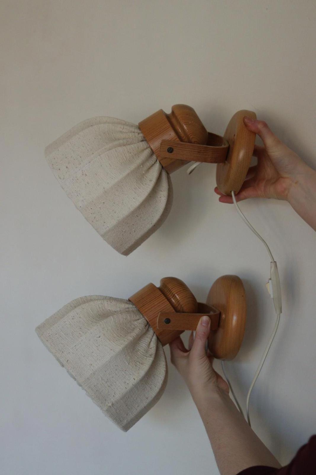 Pair of Vintage Wall Lamps by Solbackens Svarveri, Sweden, 1970s - Pine Wood