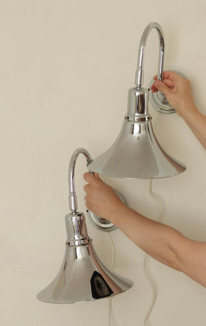 Danish 1960's Pair of Statement Trump Shape Lights in Chrome, designed by Börje Claes for Norlett Elit.