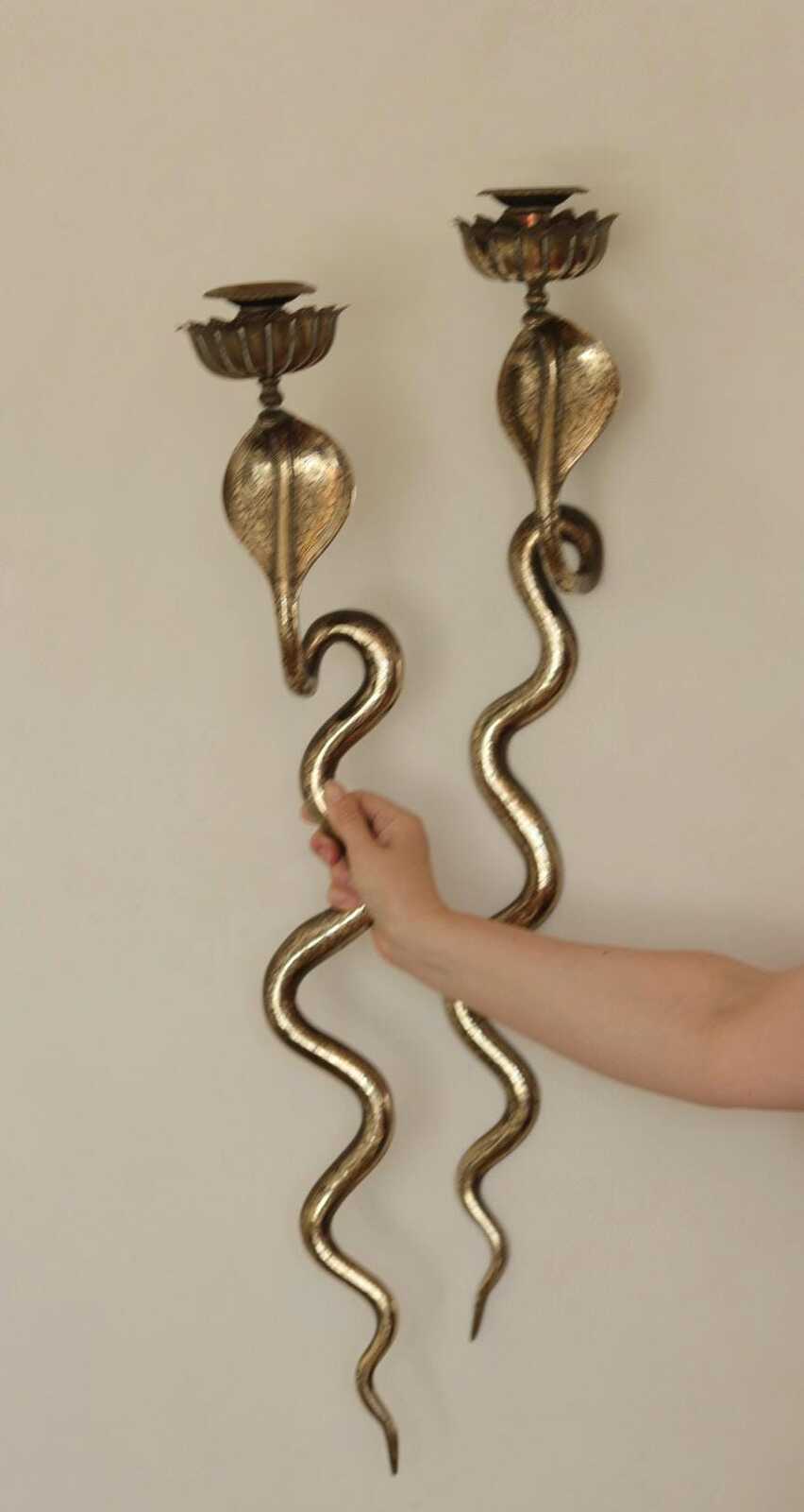 Pair of Egyptian Revival Style Engraved Brass Cobra Sconces