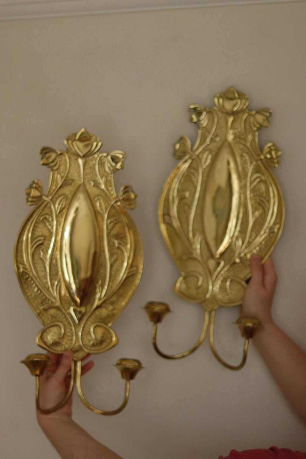 Pair Of Double Arm Art Nouveau Style Swedish Brass Sconces