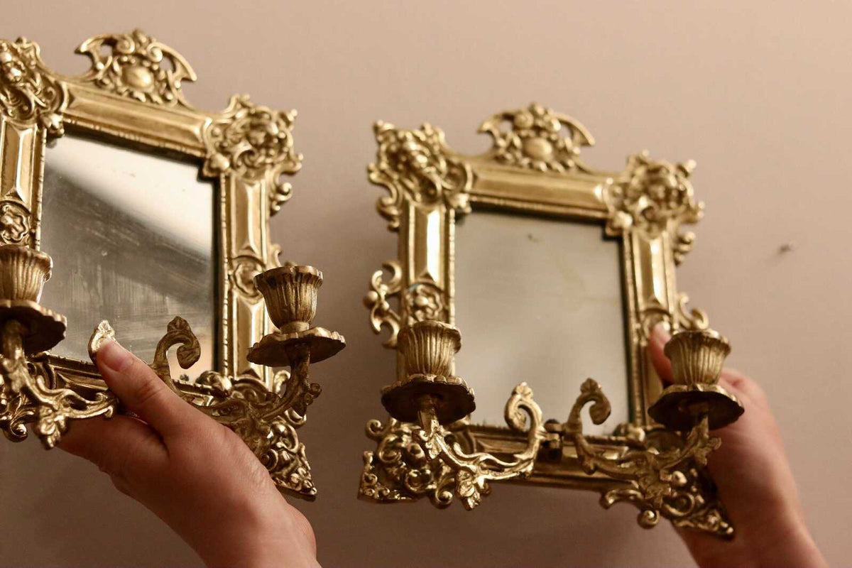 Single Antique Swedish Brass Sconce with Mirror