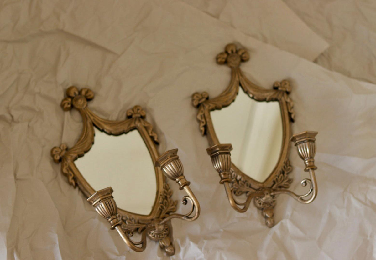 Pair of  Vintage Double Arm Italian Brass Sconces with Mirror