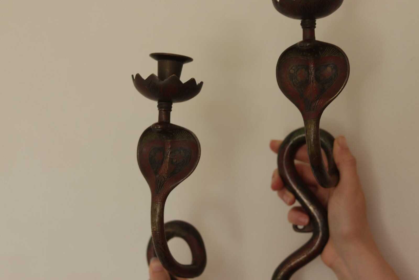 Pair of Egyptian Revival Style Engraved Brass Enameled Cobra Sconces