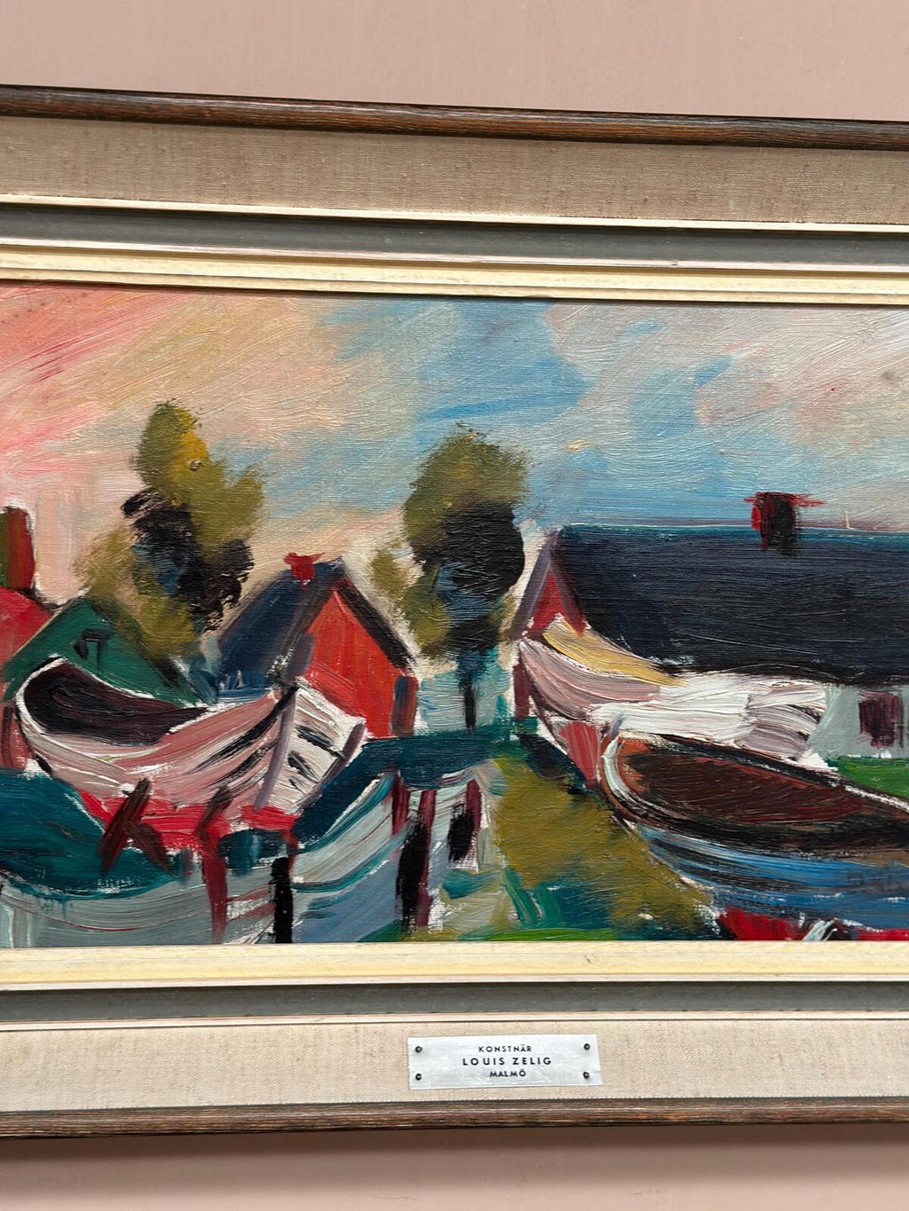 “Boats in Fishing Village” by Louis Zelig (1922–1993)