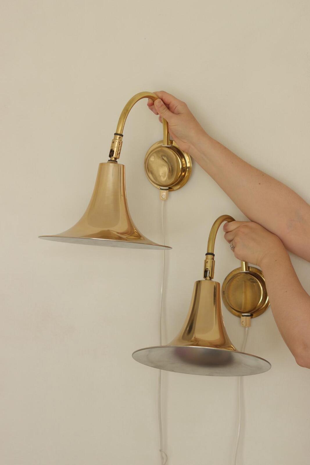 Danish 1960's Pair of Statement Trump Shape Lights in Brass, designed by Börje Claes for Norlett Elit.