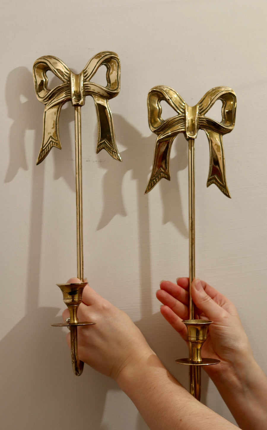 Large Pair of Vintage Brass Bow Sconces Noah Ancienne