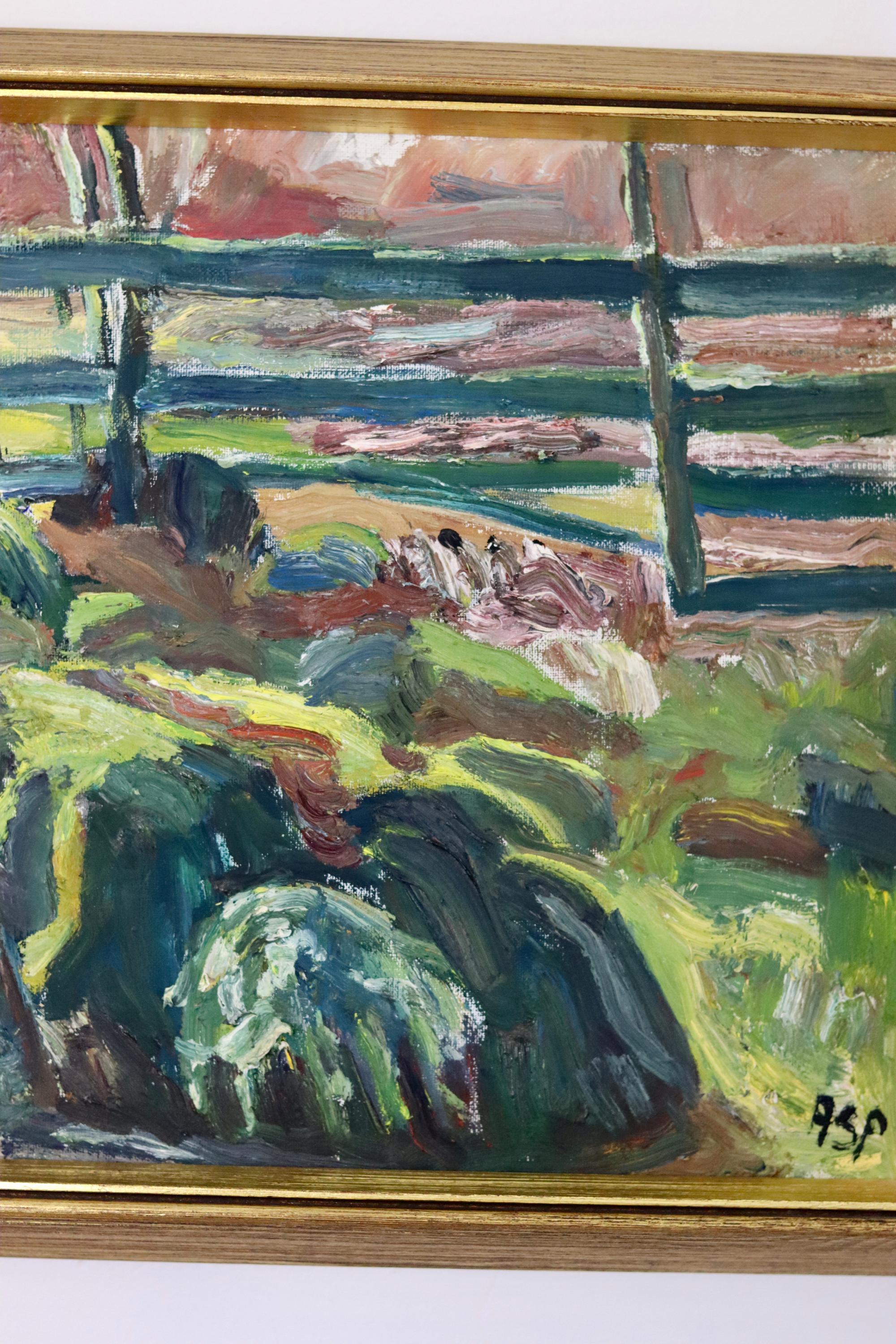 Original Swedish Mid-Century Oil on Canvas "By The Fence" by Gösta Asp (1907–1987) - Vintage & Framed Noah Ancienne