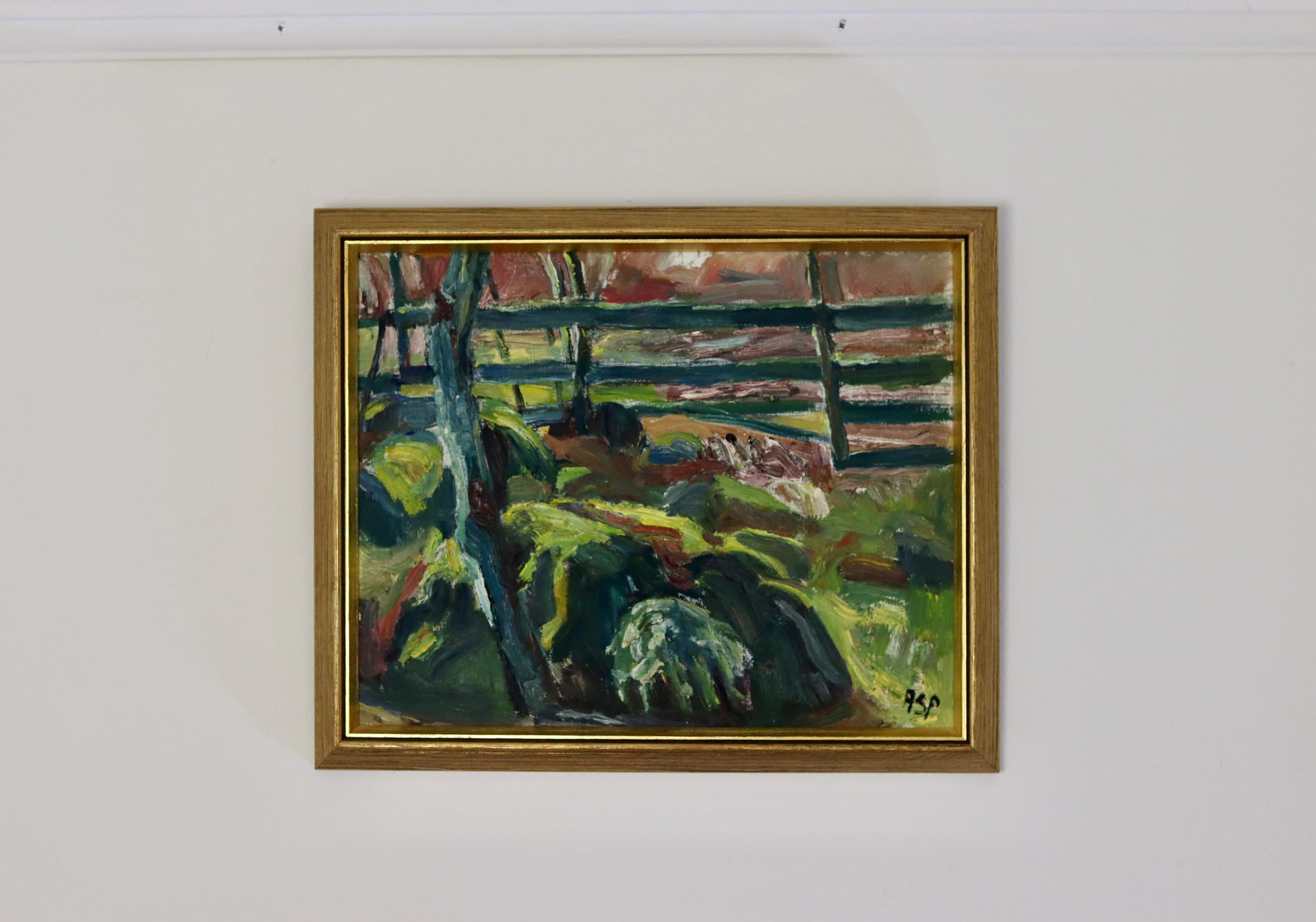 Original Swedish Mid-Century Oil on Canvas "By The Fence" by Gösta Asp (1907–1987) - Vintage & Framed Noah Ancienne