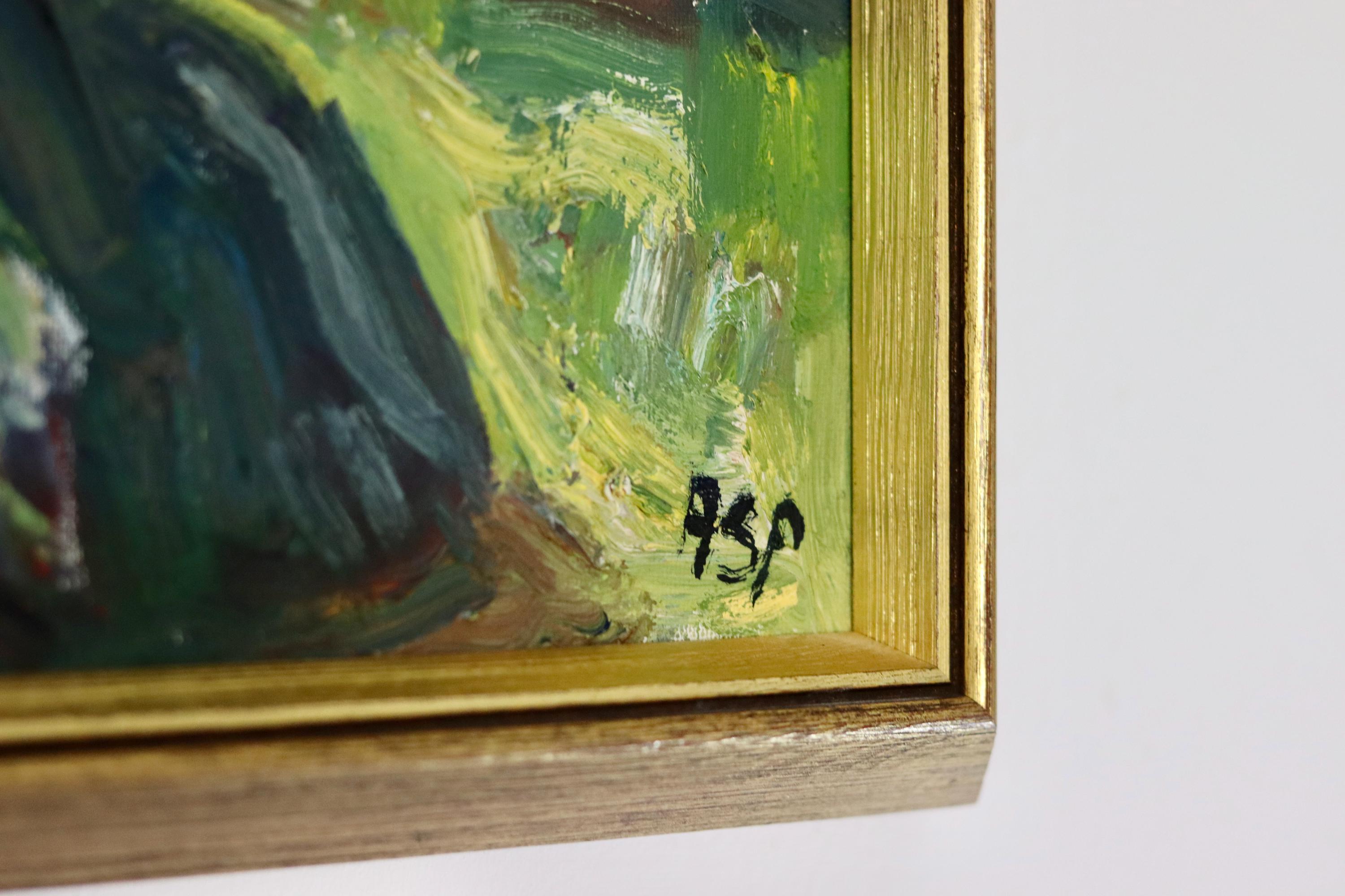 Original Swedish Mid-Century Oil on Canvas "By The Fence" by Gösta Asp (1907–1987) - Vintage & Framed Noah Ancienne
