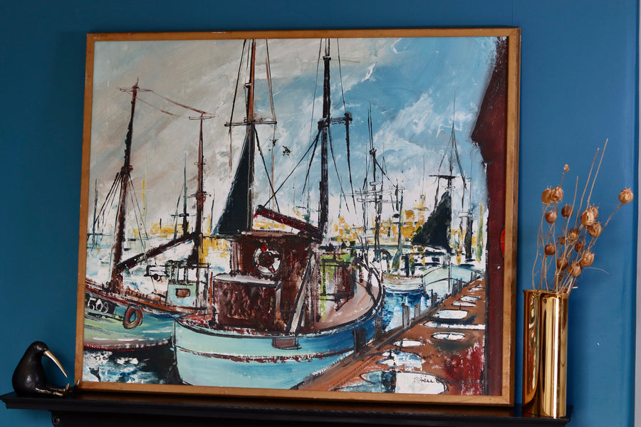 Original Swedish Mid-Century Oil on Canvas " Marina" by Steu (1971) - Vintage & Framed Noah Ancienne