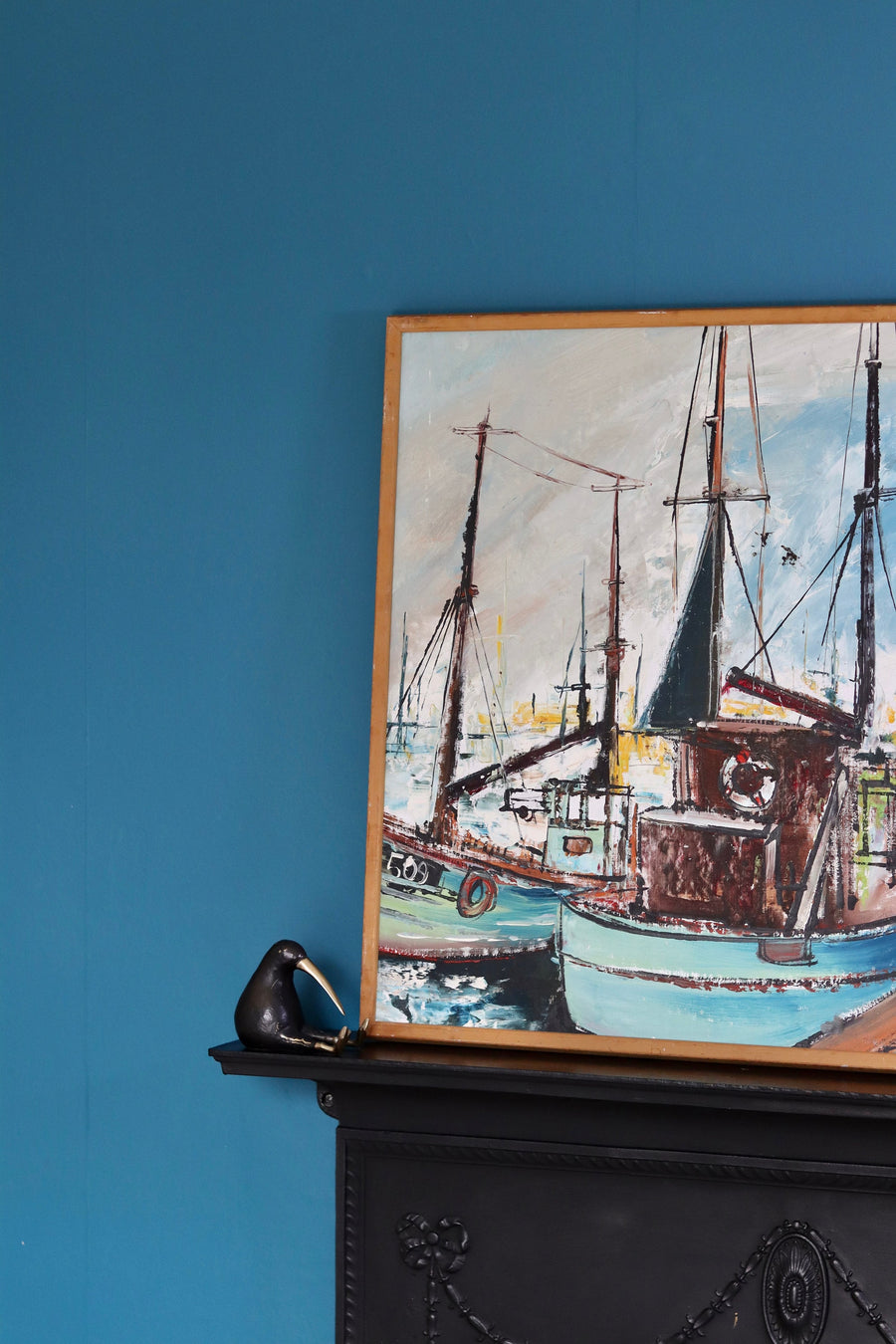 Original Swedish Mid-Century Oil on Canvas " Marina" by Steu (1971) - Vintage & Framed Noah Ancienne