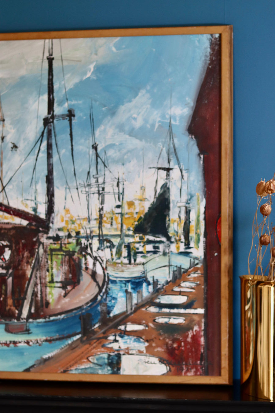 Original Swedish Mid-Century Oil on Canvas " Marina" by Steu (1971) - Vintage & Framed Noah Ancienne