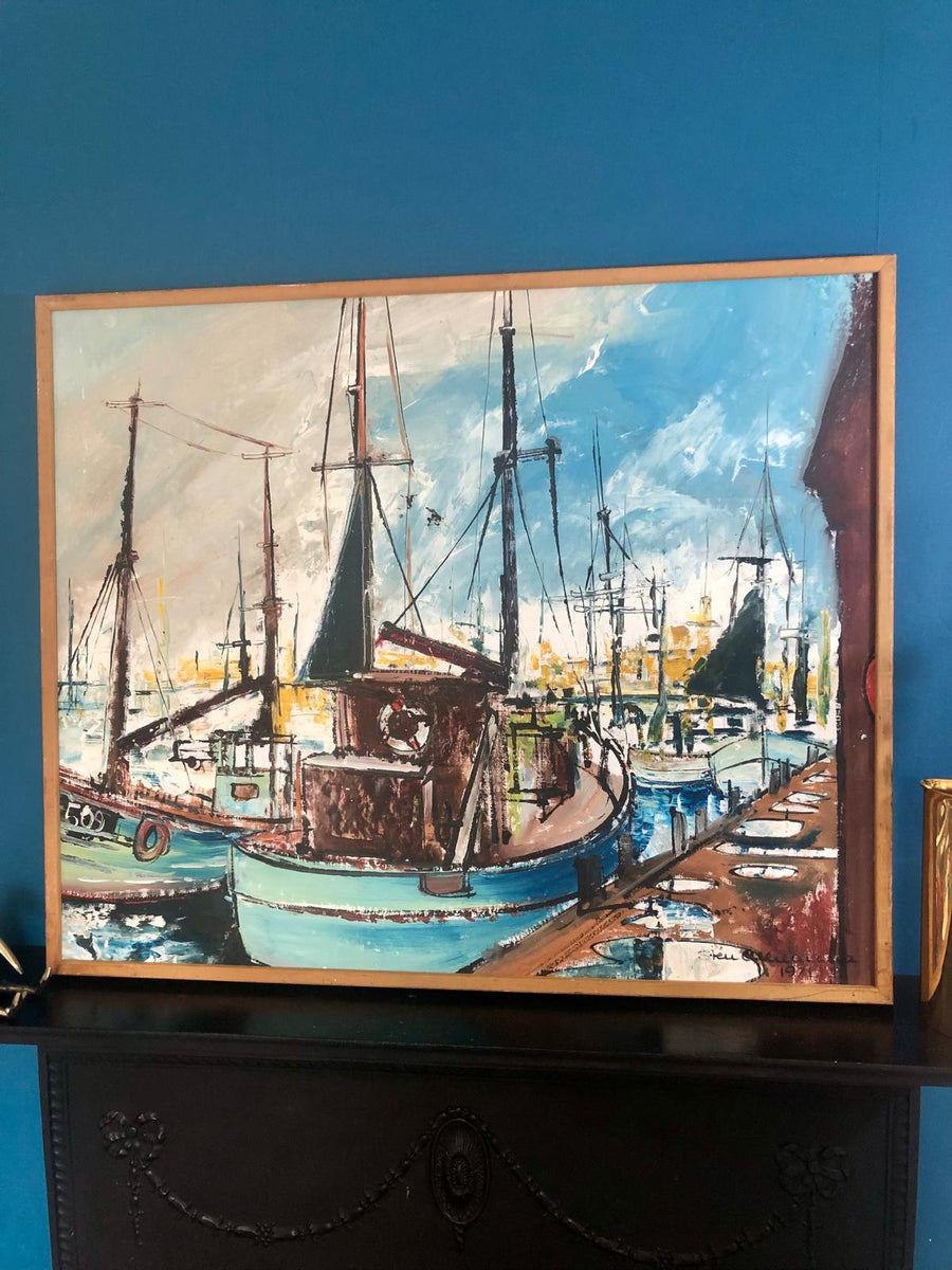 Original Swedish Mid-Century Oil on Canvas " Marina" by Steu (1971) - Vintage & Framed Noah Ancienne