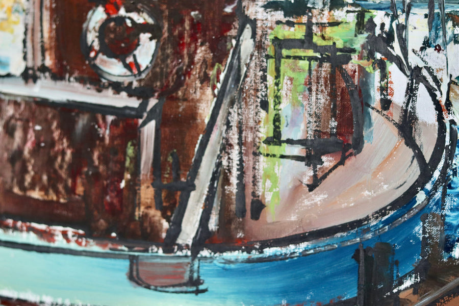 Original Swedish Mid-Century Oil on Canvas " Marina" by Steu (1971) - Vintage & Framed Noah Ancienne