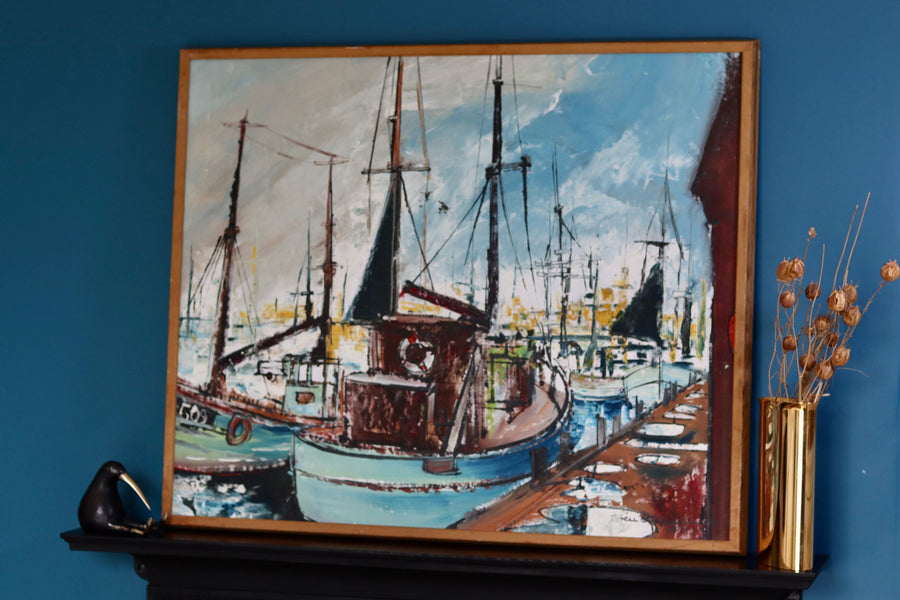 Original Swedish Mid-Century Oil on Canvas " Marina" by Steu (1971) - Vintage & Framed Noah Ancienne