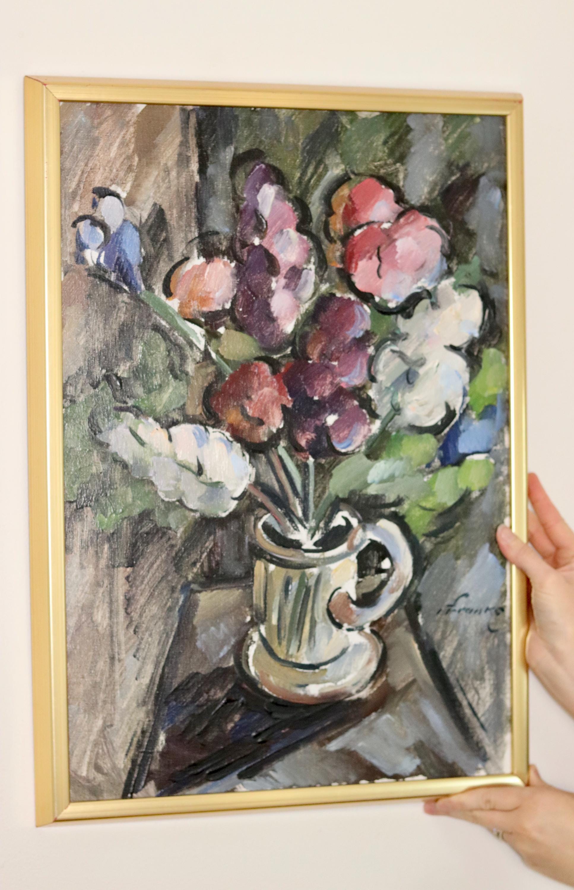 Original Swedish Mid-Century Oil on Canvas " Vase" by I Franke(1913-1999) - Vintage & Framed Noah Ancienne