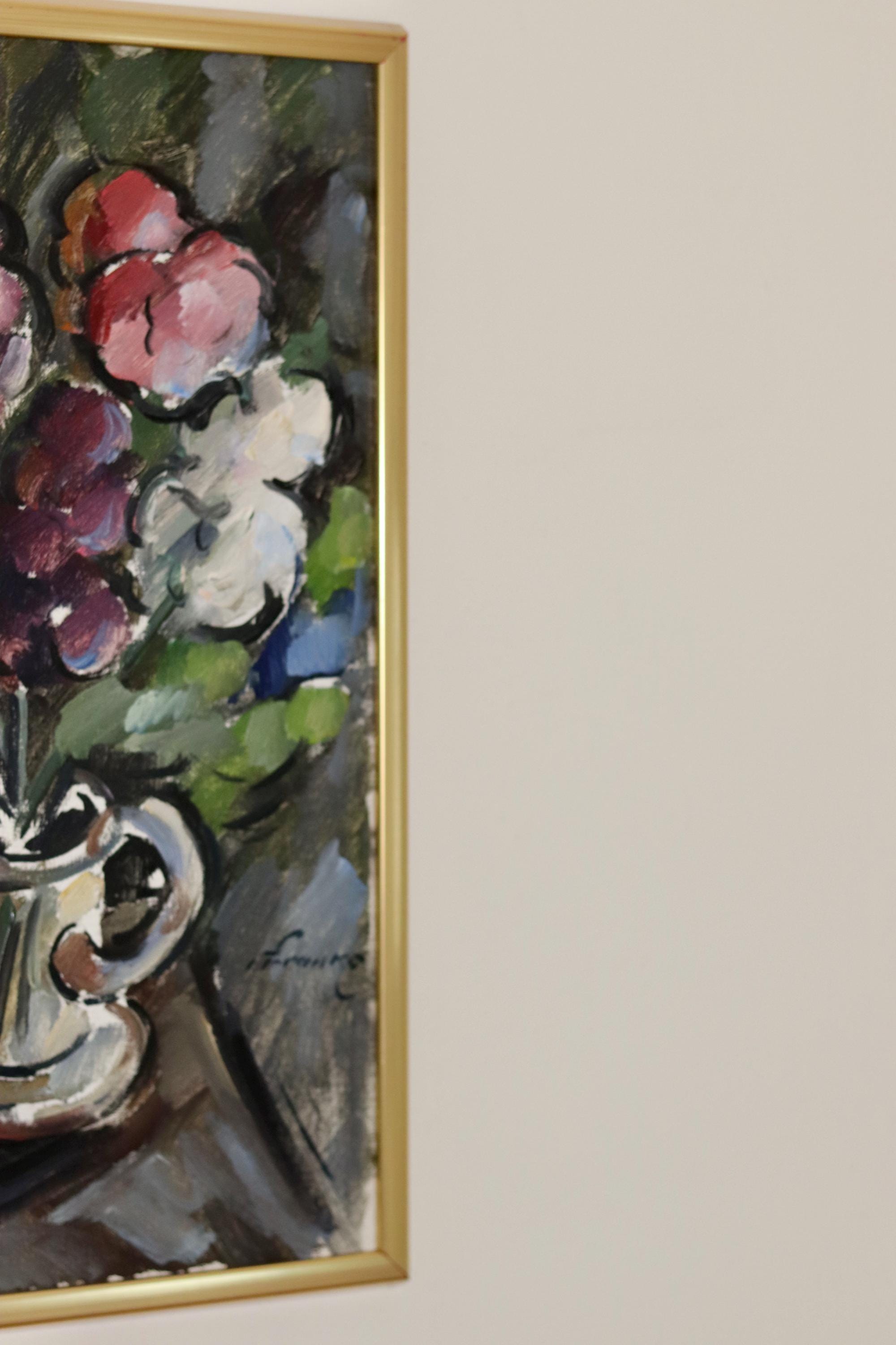 Original Swedish Mid-Century Oil on Canvas " Vase" by I Franke(1913-1999) - Vintage & Framed Noah Ancienne