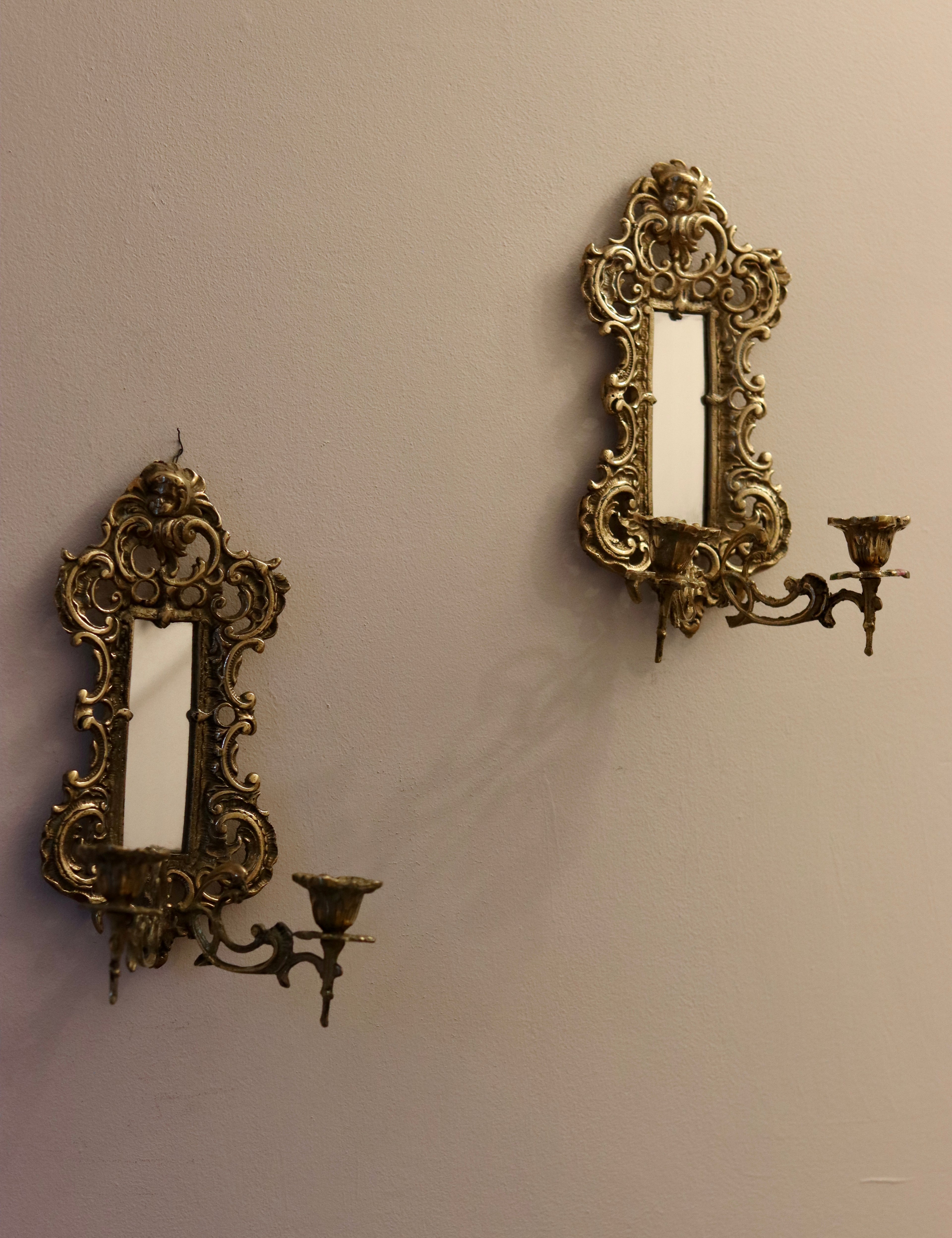 Pair of Antique Brass Sconces with Mirror Noah Ancienne