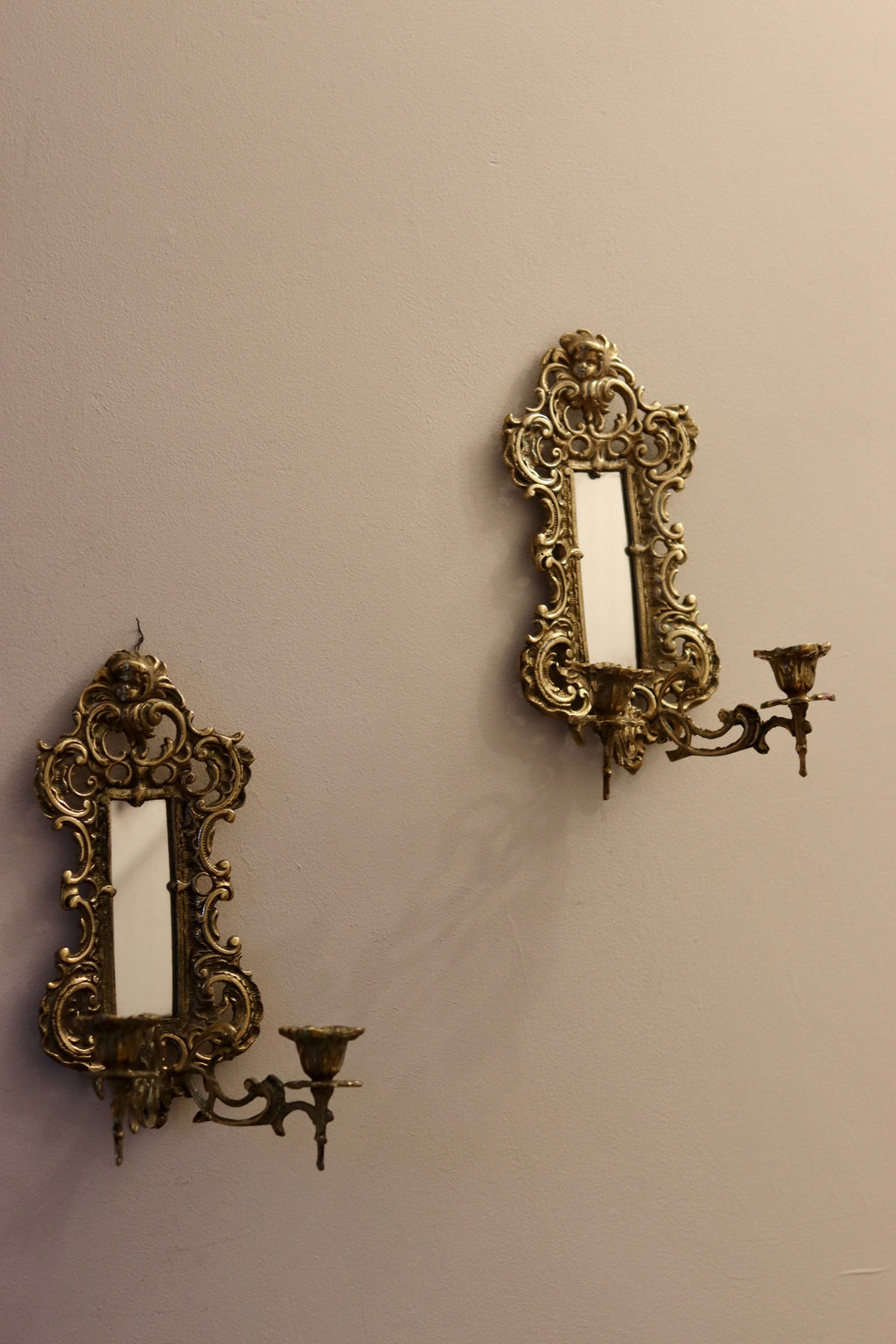 Pair of Antique Brass Sconces with Mirror Noah Ancienne