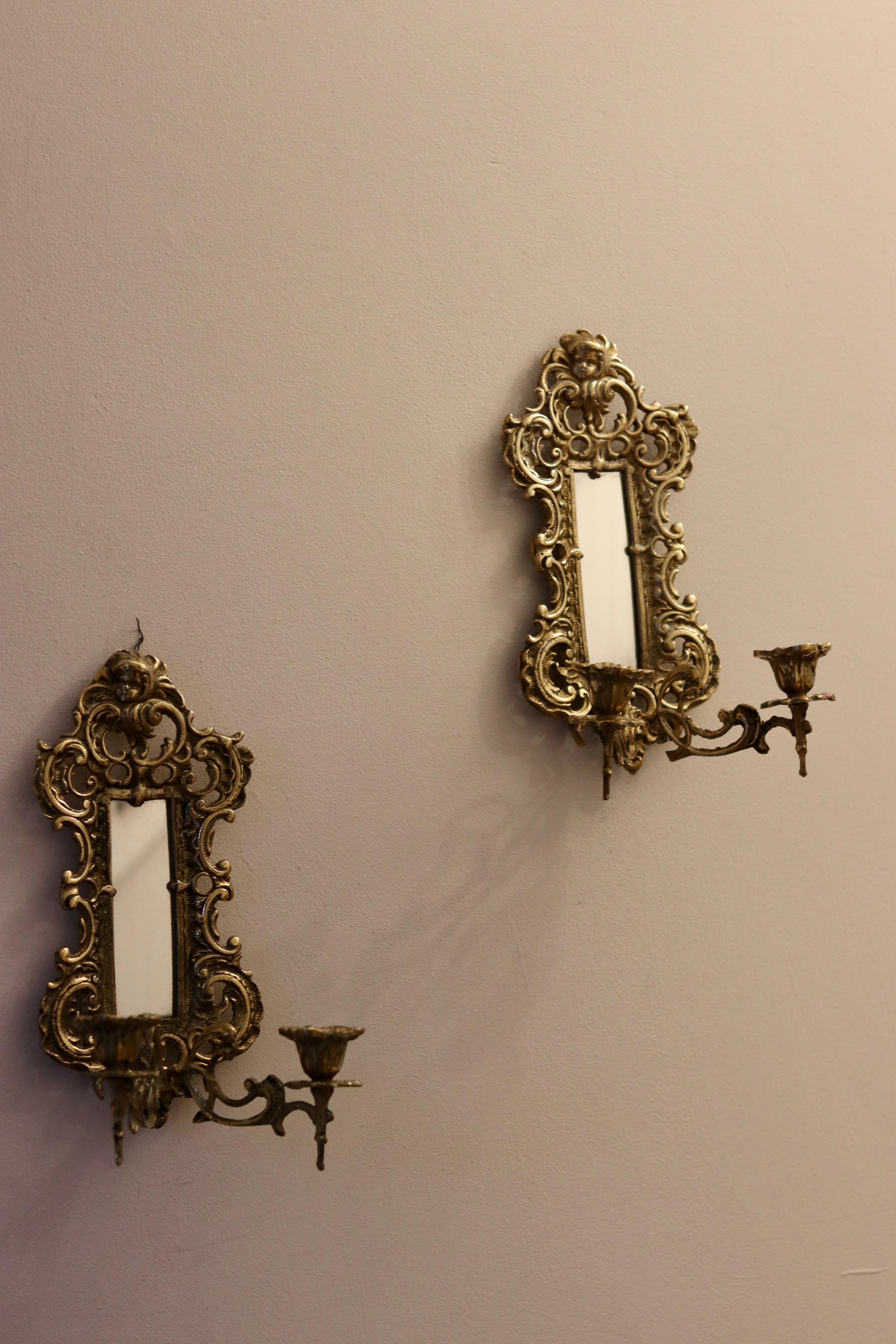 Pair of Antique Brass Sconces with Mirror Noah Ancienne
