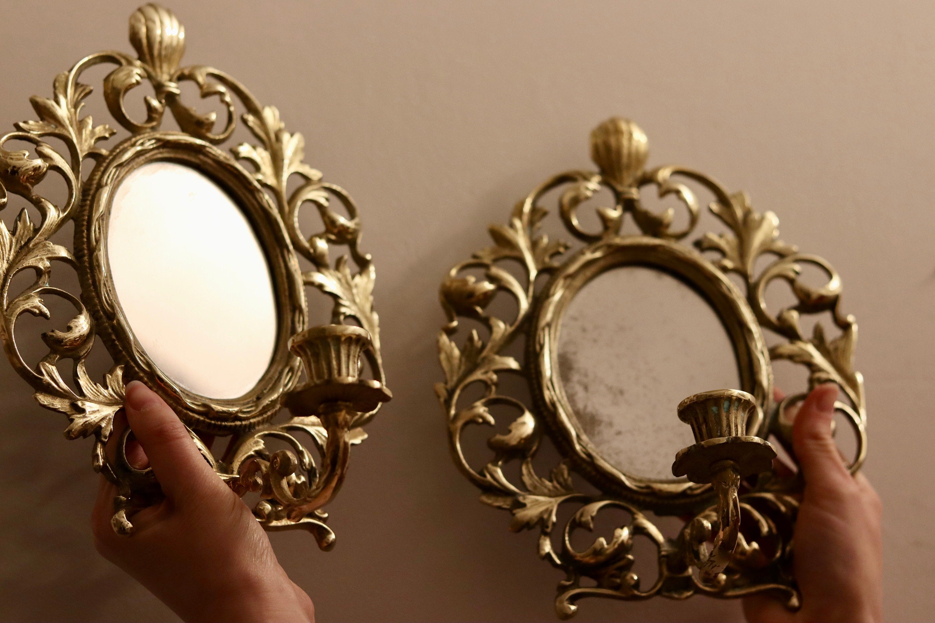 Pair of Antique French Brass Sconces with Mirror Noah Ancienne