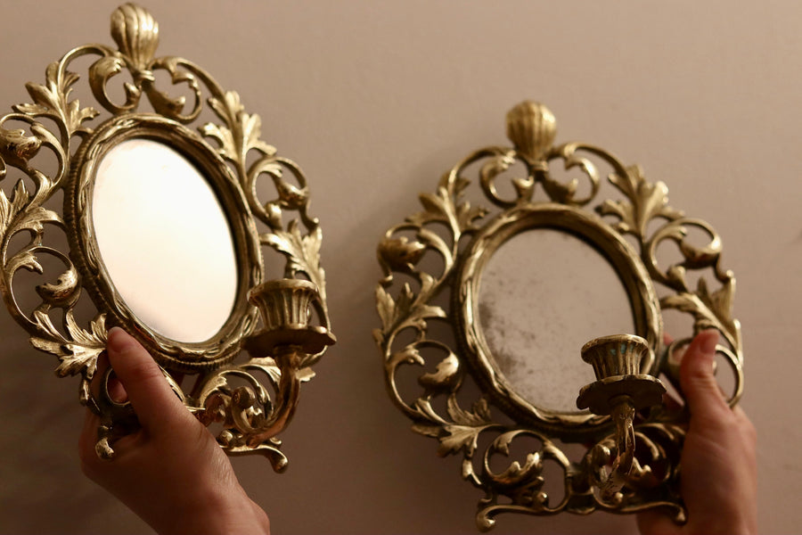 Pair of Antique French Brass Sconces with Mirror Noah Ancienne