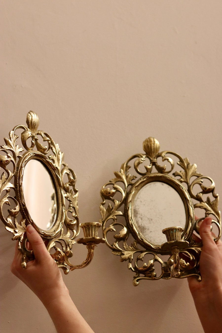 Pair of Antique French Brass Sconces with Mirror Noah Ancienne