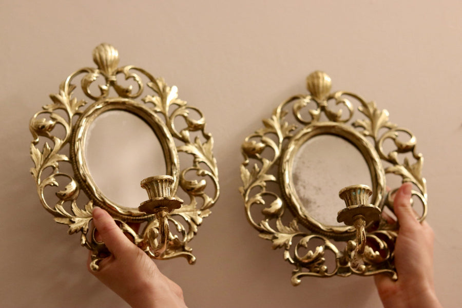 Pair of Antique French Brass Sconces with Mirror Noah Ancienne